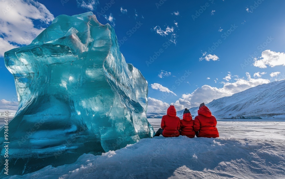 Aufkleber a group of people in red down jackets sit on the snow next to a large ice floe in blue-green tones, 