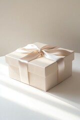 Elegant cream-colored gift box with a satin ribbon in soft lighting on a table surface