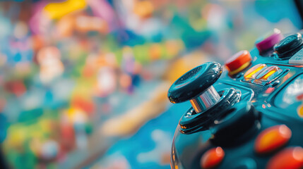 Close-up of joystick controller hovering over vibrant video game screen with blurred game characters and landscapes, symbolizing excitement and freedom of playing a free game.
