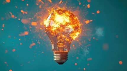 Light bulb shattering with a fiery explosion, 3D rendering, isolated against a vibrant blue backdrop.