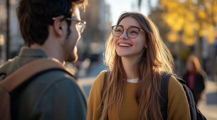 Fototapeta premium Street lifestyle modern happy young woman glasses friend in city long hair bright smile handsome boyfriend warm clothing cheerful positive emotion