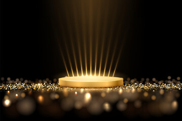 Gold award podium. Empty 3d golden stage with glowing light rays on glitter floor. Luxury product presentation, glamour design beauty industry, winner ceremony. Abstract vector illustration on black.