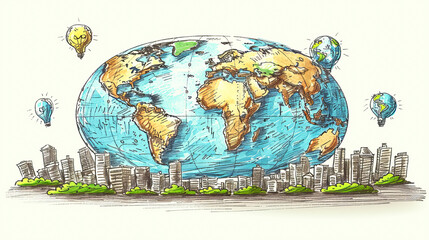 Illustrative Globe With Continents and Cities Surrounded by Floating Light Bulbs in Vibrant Colors