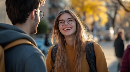 Obraz premium Confident Young Woman Smiling During City Commute with Friend Reflecting Urban Youth Culture