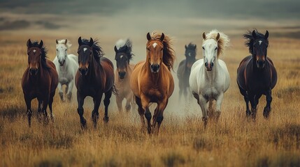Herd of horses running through dry grass field