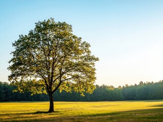 Fototapeta premium Serene landscape at dawn showcasing a solitary tree bathed in golden morning light