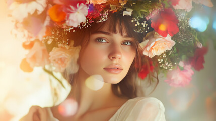 Fototapeta premium Woman with floral crown in serene setting.