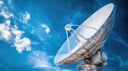 Massive white radio telescope dish against a vibrant blue sky, symbol of communication and technology.