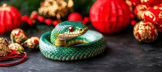 Fototapeta premium Vibrant Green Snake Coiled Amidst Festive Christmas Decorations, Holiday Season Concept.