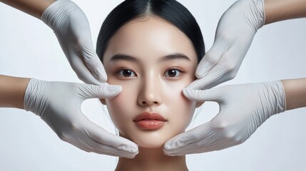 Plastic surgeon touching and examining facial skin of a Asian female,Woman face being checked doctor hands to cosmetic surgery,rhinoplasty surgery in clinic or hospital, generative ai,3d render.