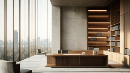 Minimalist office featuring wooden furniture and concrete accents, with a large bookcase and floor-to-ceiling windows offering a stunning view.