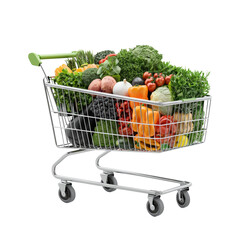 Grocery shopping cart filled with fresh vegetables and fruits