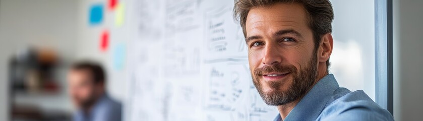 Obraz premium Smiling Man with Beard Looking at Camera in Office