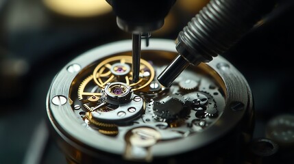 A close up of a watchmaker using a screwdriver to work on a watch mechanism.