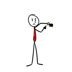 a boss is very angry while pointing at the watch on his hand