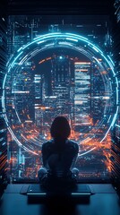 45. AI-controlled world, advanced technology, futuristic urban landscape, holographic displays