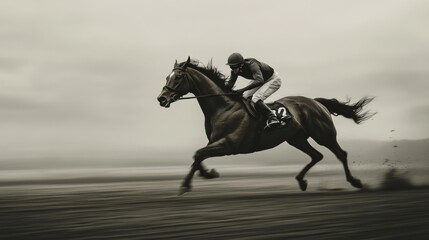 A jockey races a thoroughbred horse on a track with a blurred background.