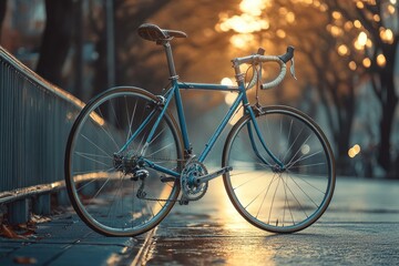 Fototapeta premium Blue vintage bike leaning on a fence at sunset