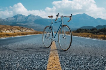 Fototapeta premium Blue vintage bike standing on empty road with mountain view