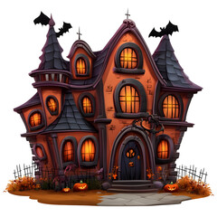 Spooky Cartoon Haunted House with Halloween Decor on White Background