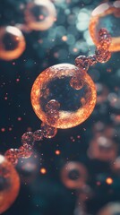 Naklejka premium Stem Cell Research: Visualization of stem cells with DNA-like structures, floating in a laboratory environment. 