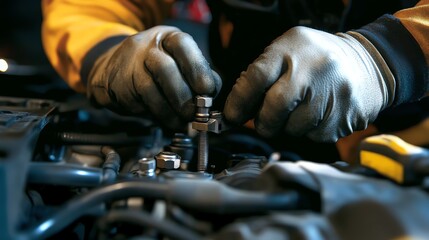 A mechanic is working on a car engine.