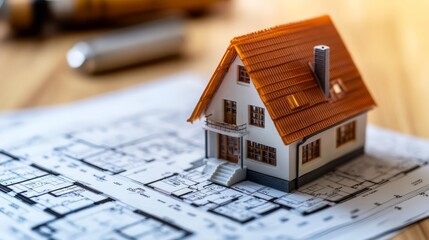 House Model on Blueprint  Architectural Design  Home Construction  Real Estate Development