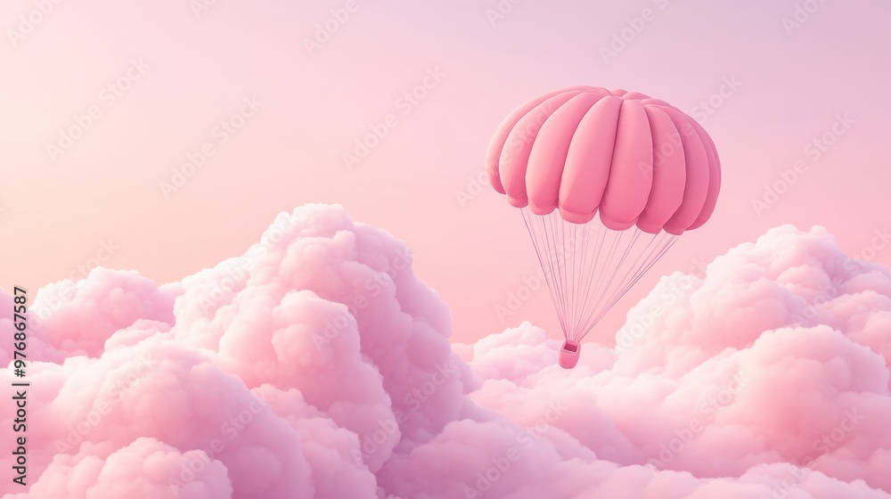 Wall mural A Box flying on a parachute with pink cloud,vector illustration of package flying down from sky and cloud with parachute, concept for delivery service,shopping online,air delivery service.