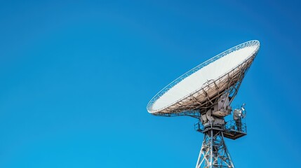 Outdoor satellite dish pointing towards the sky, white against the clear blue background, futuristic radar system.
