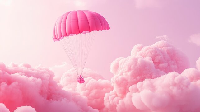 A Box flying on a parachute with pink cloud,vector illustration of package flying down from sky and cloud with parachute, concept for delivery service,shopping online,air delivery service.