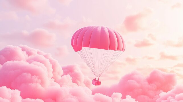 A Box flying on a parachute with pink cloud,vector illustration of package flying down from sky and cloud with parachute, concept for delivery service,shopping online,air delivery service.