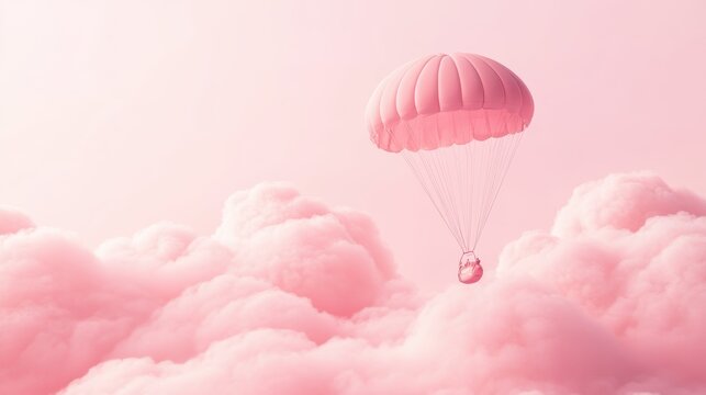 A Box flying on a parachute with pink cloud,vector illustration of package flying down from sky and cloud with parachute, concept for delivery service,shopping online,air delivery service.