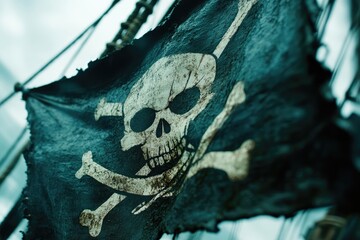 Naklejka premium Jolly roger pirate flag waving on a ship mast