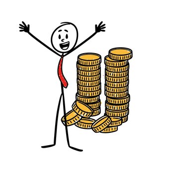 a person standing in front of a tall stack of coins