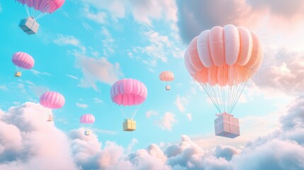 Obraz premium A Box flying on a parachute with pink cloud,vector illustration of package flying down from sky and cloud with parachute, concept for delivery service,shopping online,air delivery service.