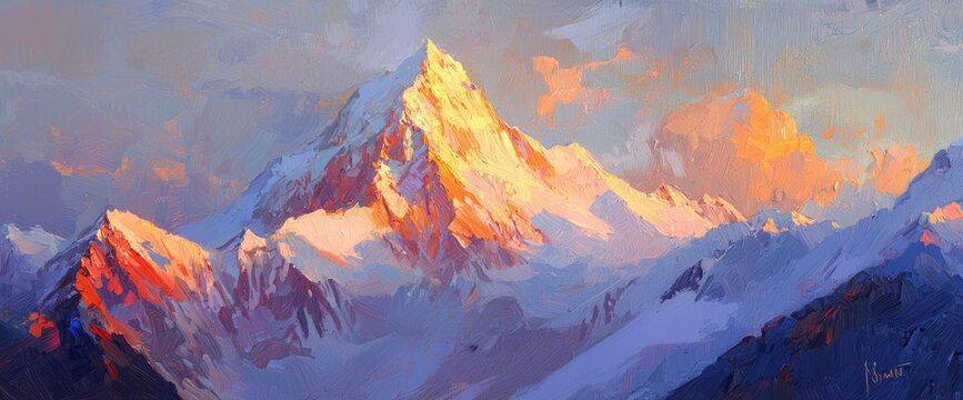 Large brushstrokes with scraper, oil painting with scraper, oil painting of the mountain, golden hour, sun shining on the top
