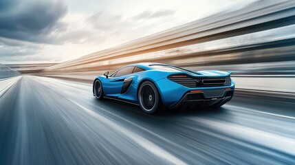 Rear view of a blue sports car speeding down the highway, motion blur capturing its high-speed...