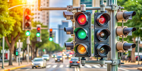 Smart traffic light system with sensors and cameras managing urban traffic, technology, transportation, city, urban