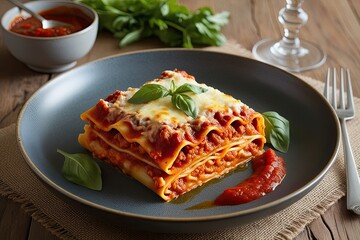 Classic Lasagna with Artisan Sauces on a Rustic Plate for Italian Dining