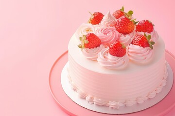 Whimsical two-tiered cake with pink flowers and candles against a dreamy watercolor backdrop. Beautiful simple AI generated image