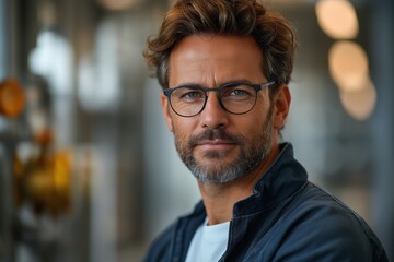 Fototapeta premium A man with glasses is smiling and looking at the camera. He is wearing a blue jacket and a white shirt