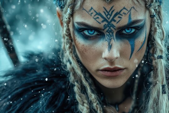 Woman warrior with blue war paint wearing fur is standing in snow