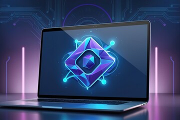 A stylized, low-poly abstract programming code icon, comprising glowing blue and purple polygons, dominates the screen of a sleek, silver laptop, set against a futuristic technology background with su