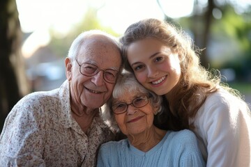 Grandparents smiling with granddaughter outdoors