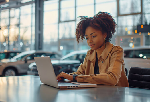 Confident Woman Working on Laptop in Modern Car Dealership Setting with Natural Lighting