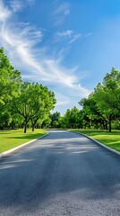 Fototapeta premium Empty asphalt road in the park with green grass and tree background.