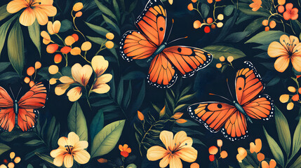 Fototapeta premium Floral seamless vector pattern with butterflies, perfect for wallpaper, art, or decoration