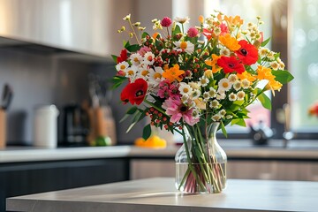 Bouquet of flowers in vase on table in modern kitchen