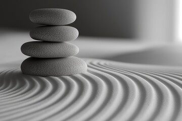 A stack of rocks on a sandy beach. The rocks are arranged in a pyramid shape, and the beach is calm and peaceful. Concept of tranquility and relaxation, as if the viewer is taking a moment to pause