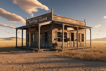 Obraz premium A weathered, wooden old vintage western saloon stands alone in the middle of a vast, open field, surrounded by nothing but rolling hills and a distant horizon